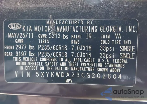 2012 Kia Sorento Sx V6 z USA, uszkodzony, nr VIN 5XYKWDA23CG202604